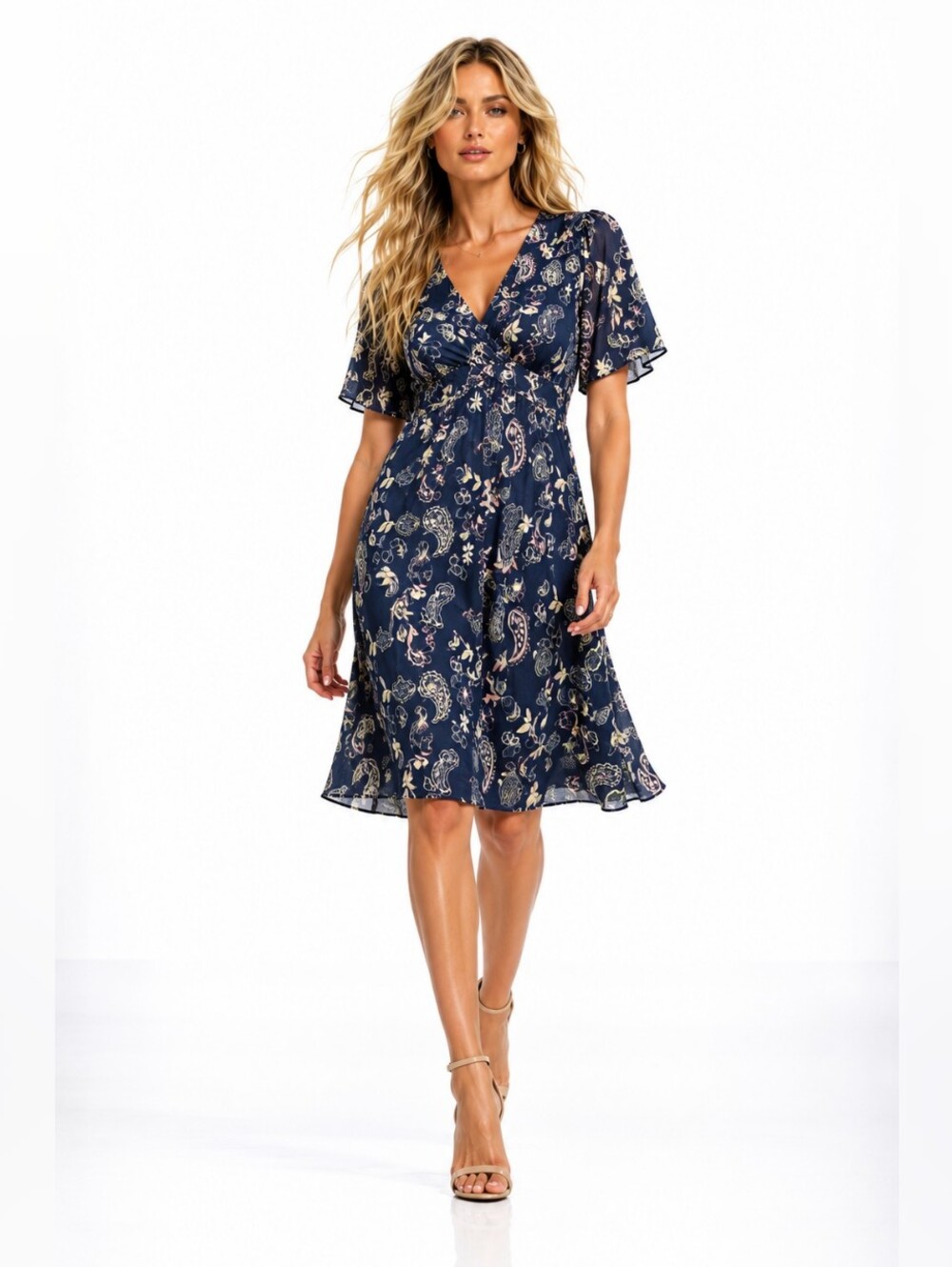 Downeast Navy Floral Flutter Sleeve Midi Dress Size 2